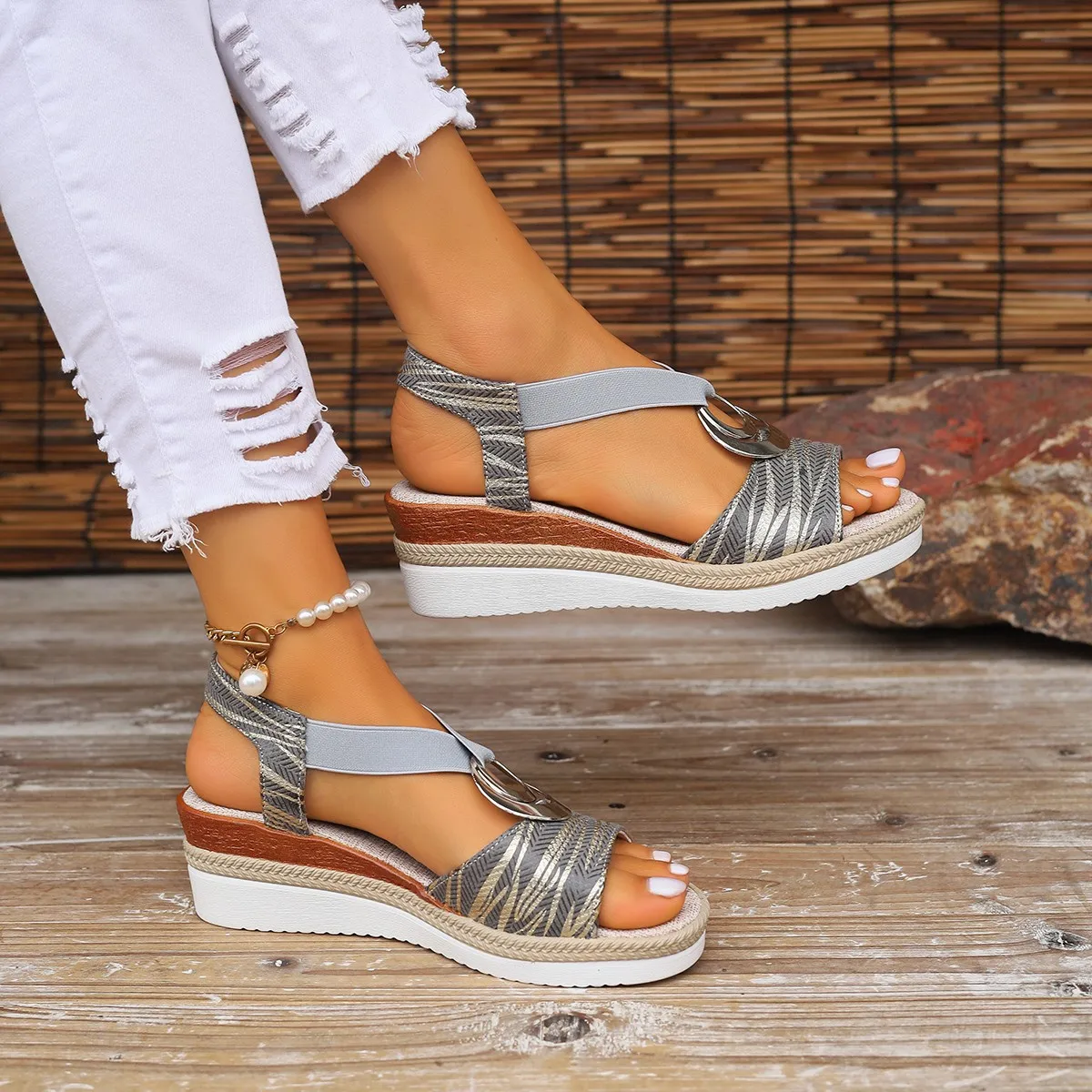 Twine Weaving Sandals Wedges Peep-toe Shoes For Women Fashion Beach Wear With Metal Decoration Elastic Band Serpentine Plus Size