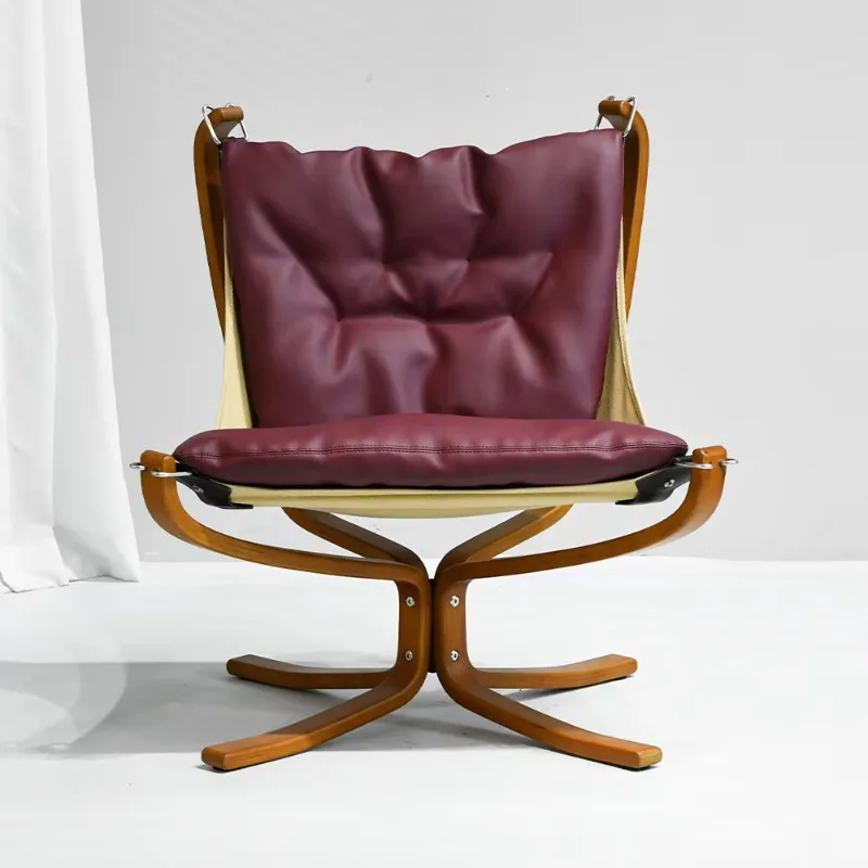 Custom modern vintage PU leather strap armchair with curved plywood frame, single lounge chair, suitable for office lobbies