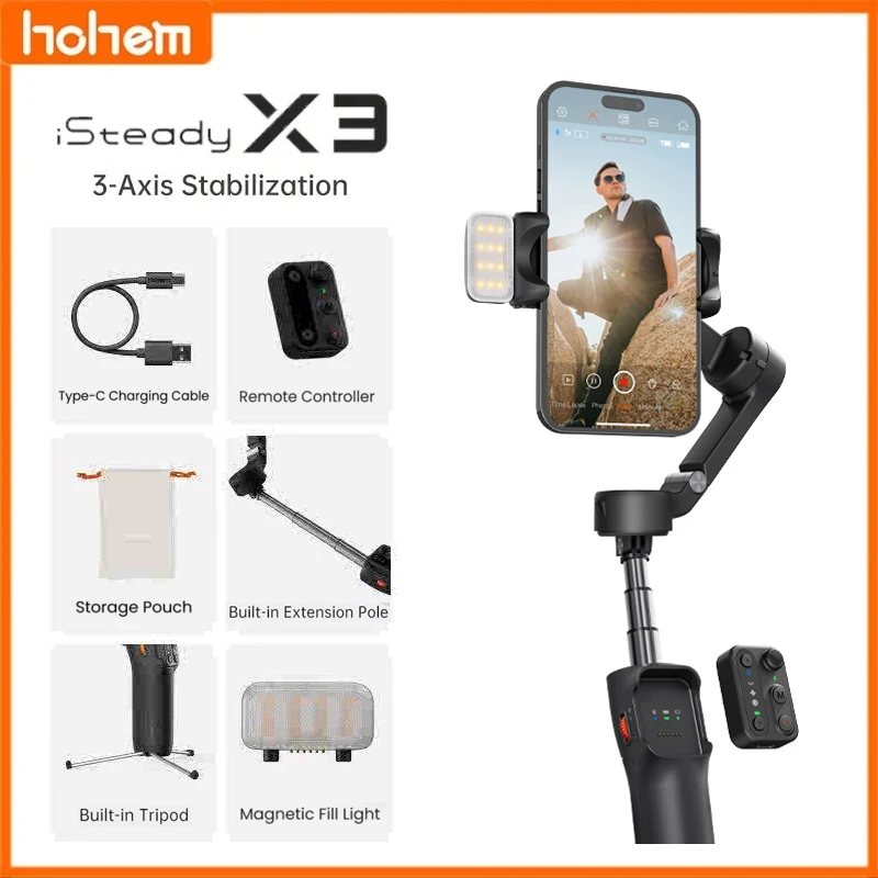 

Hohem iSteady X3 3-Axis Gimbal Stabilizer AI Foldable Selfie Stick With APP Control&Magnetic Fill Light for Smartphone Phone