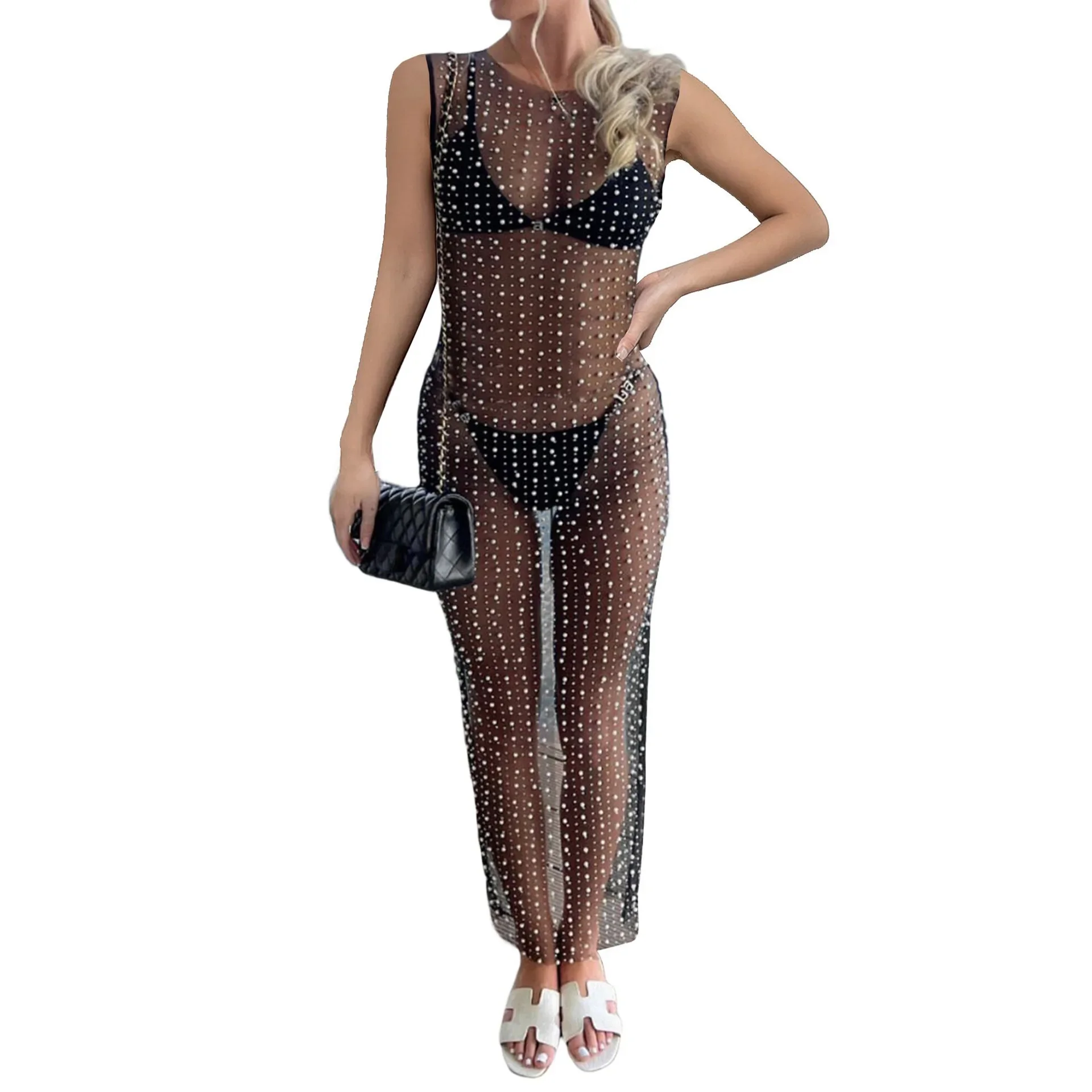 Copricostume da donna in rete trasparente con strass perlati, costume da bagno estivo sexy da spiaggia, bikini