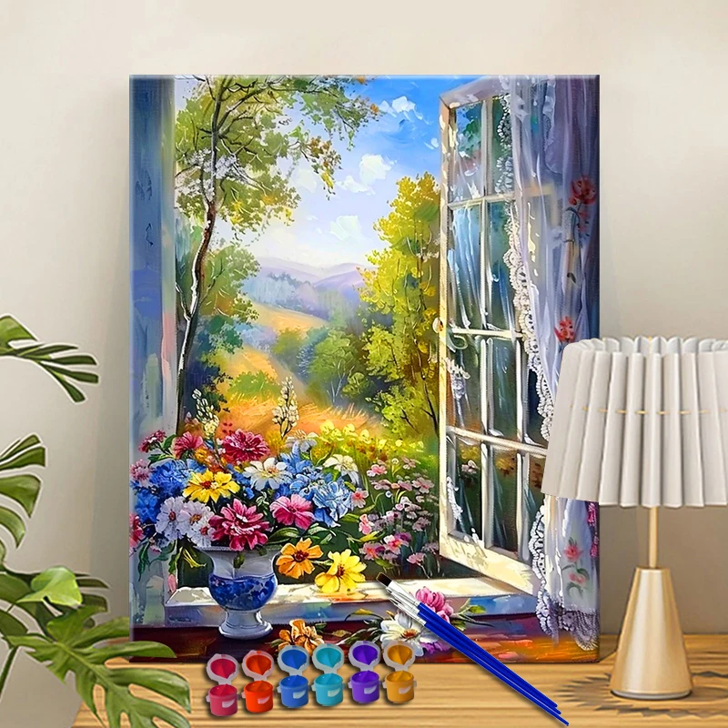 Painting By Numbers Flowers On the Windowsill Acrylic Paint Canvas Dropshipping Portrait Family Children Photo Christmas gifts