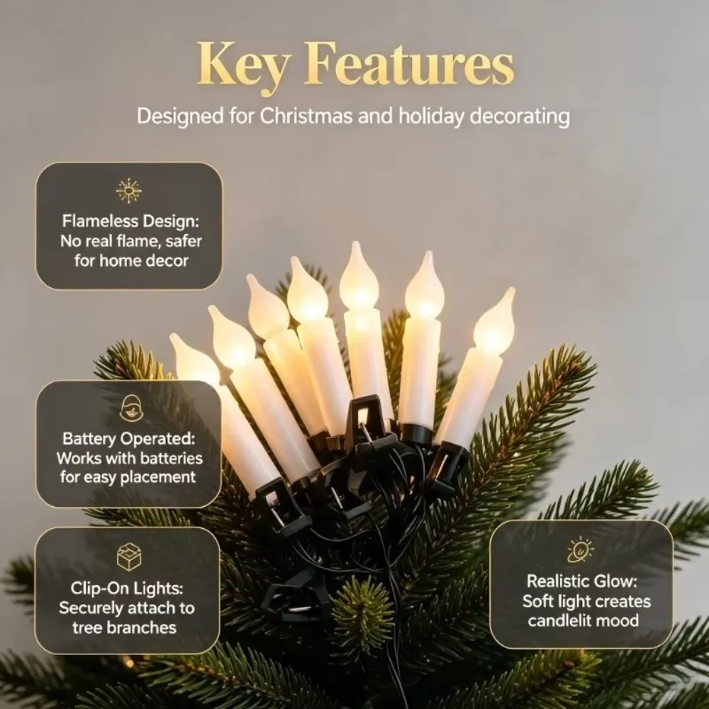 Flameless LED Candlestick Light Clip-on Warm Light Color Christmas Candle Light Decoration String Light