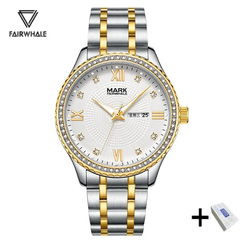 Mark Fairwhale 5850 Watches for Men Luxury Quartz Steel Strip Calendar Week Display Luminous Waterproof Watches Reloj Hombre
