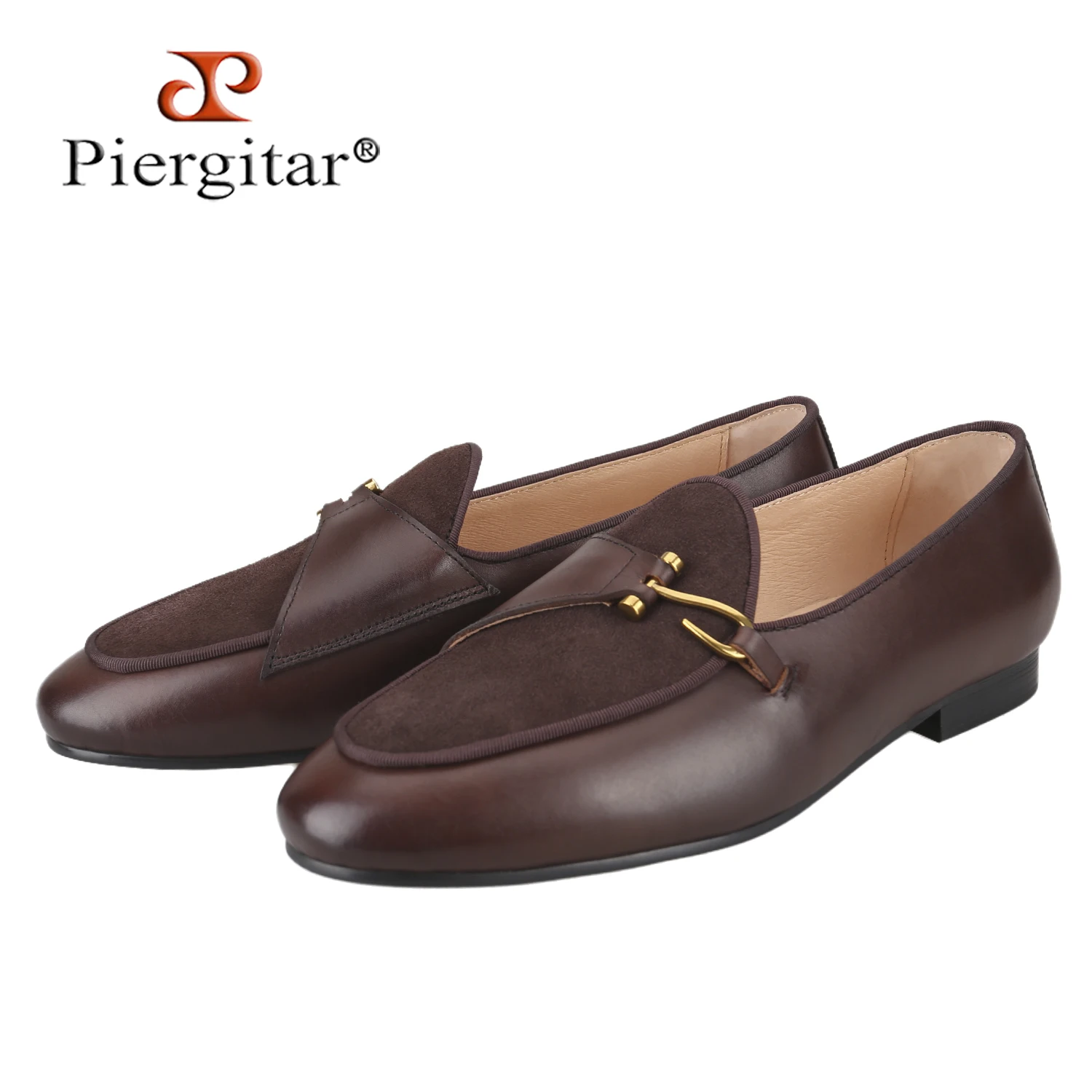 Piergitar Hand-Polished Calf Leather Belgian Loafers British Classic Model Bronze Single-Buckled Slip-on Men's Smoking Slippers