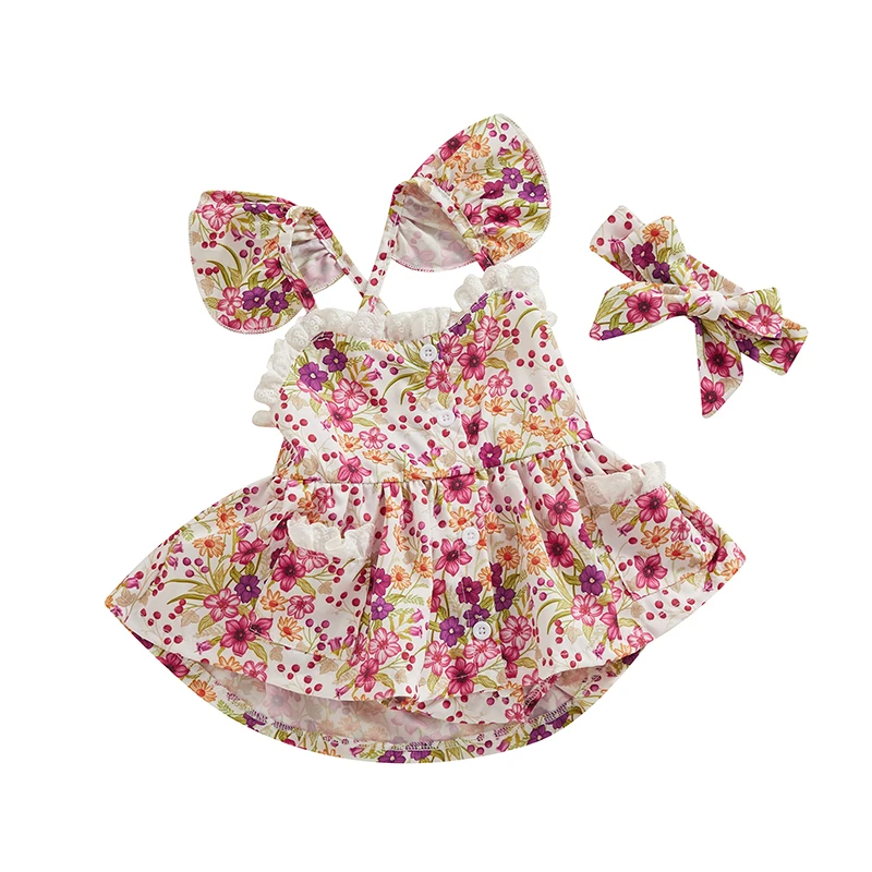 

Baby Girl 2 Piece Summer Set, Fly Sleeve Button Down Romper Dress with Pockets + Flower Print Headband Infant Toddler Outfits