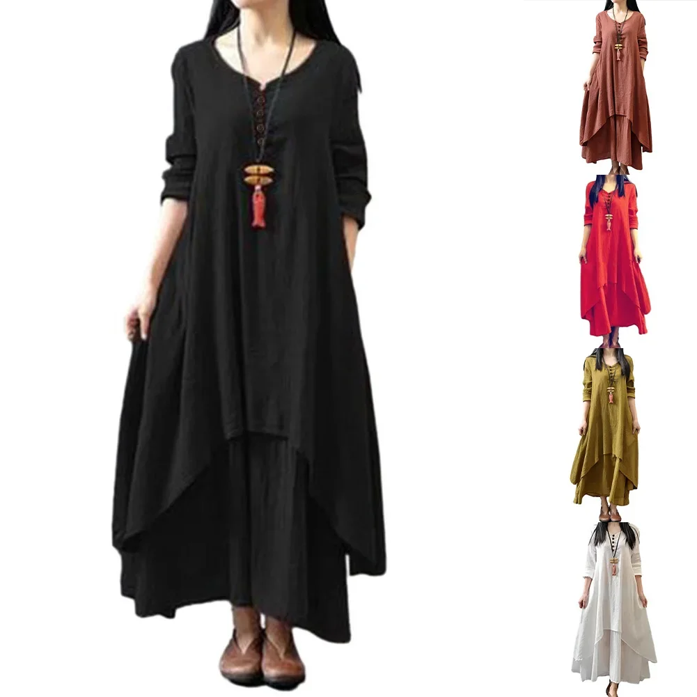 Vestido de linho feminino em camadas vintage robe oversized feminino primavera usar solto manga longa vestidos bohemia vestido casual (m 3xl)