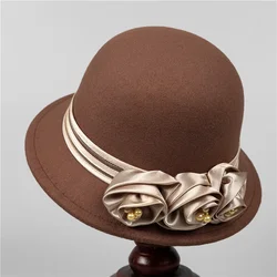 French Women Fedora Hat Flower Pearl Ribbon Wool Bucket hat For Ladies Winter Autumn Chapel Elegant Dress Hat Banquet Bowler