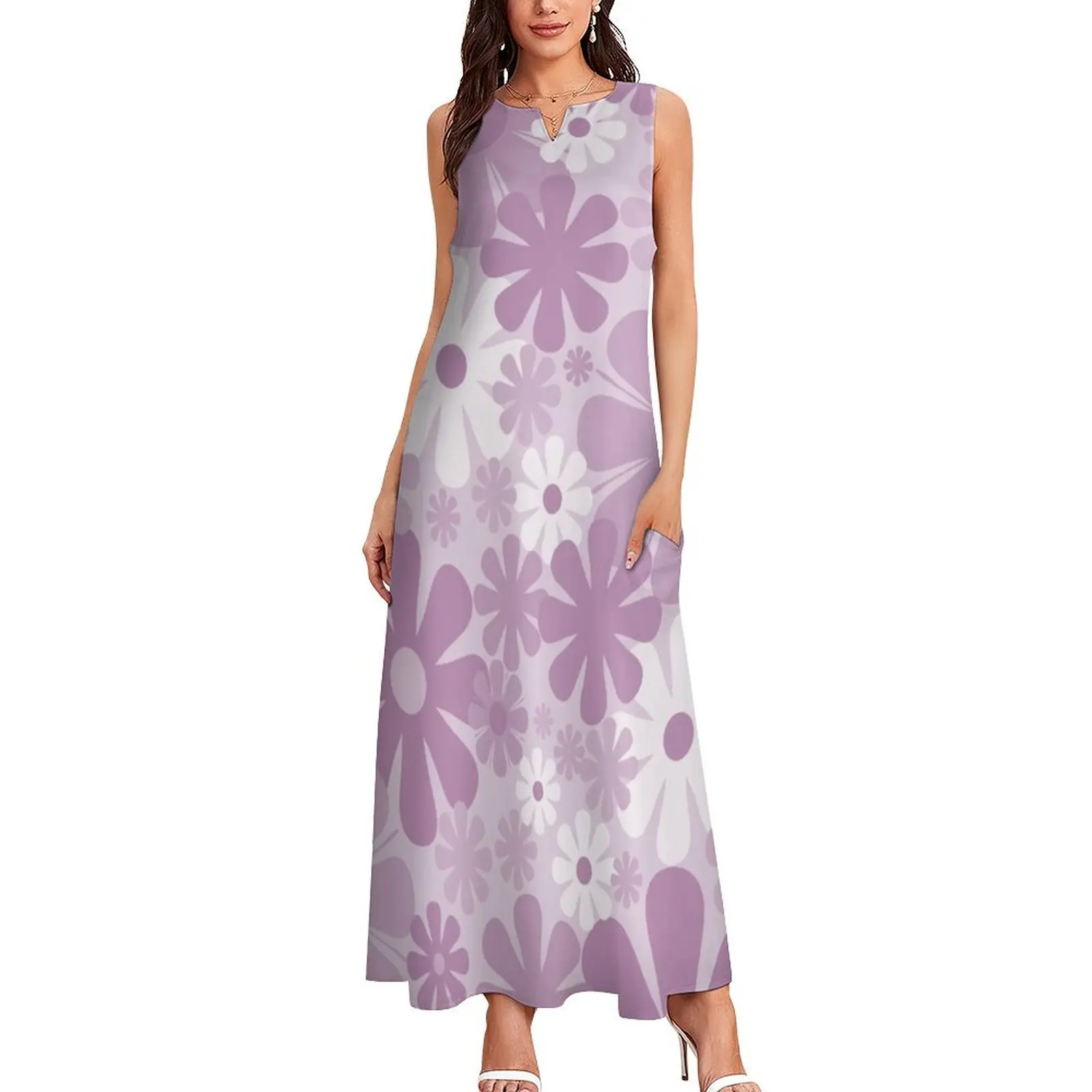 Retro 60s 70s Aesthetic Floral Pattern in Pretty Lilac Purple Long Dress birthday dress for women Womens dresses