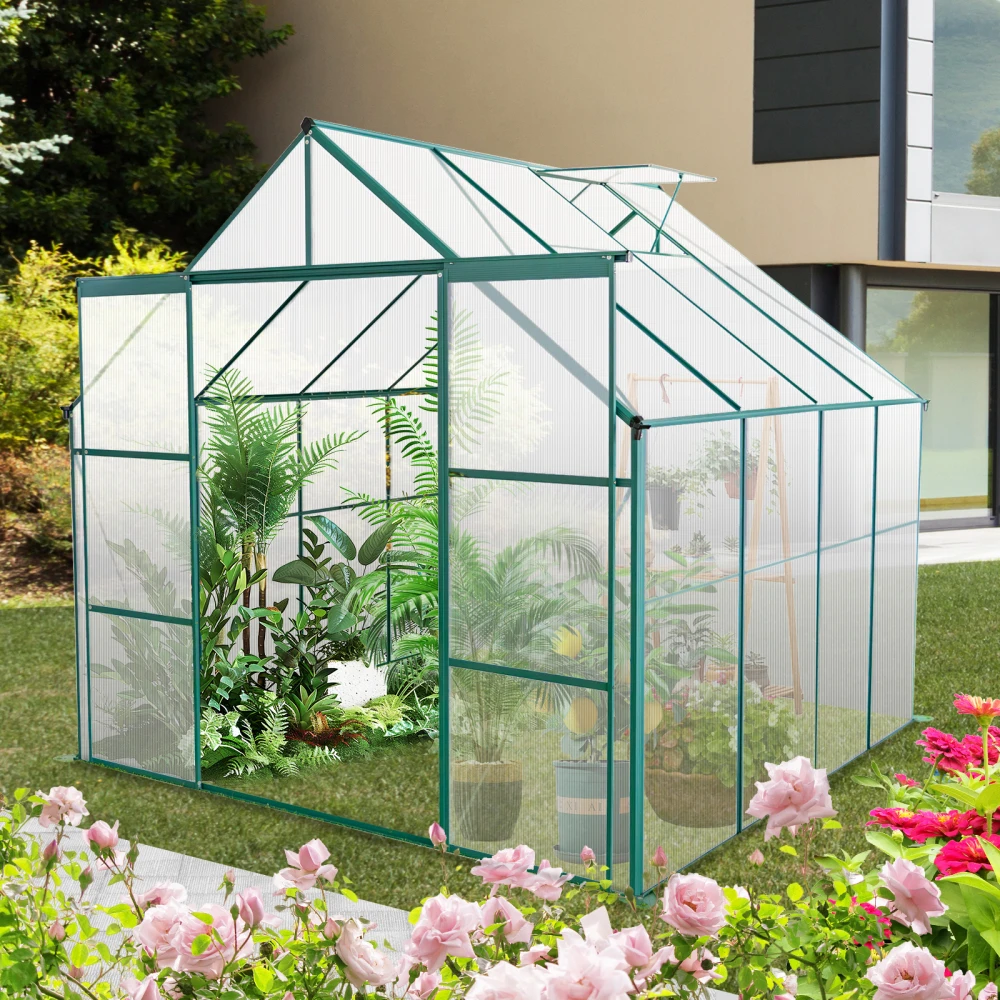 8x8 FT Double Door Polycarbonate Greenhouse Raised Base and Anchor Aluminum Heavy Duty Walk-in Greenhouses for Outdoor Backyard