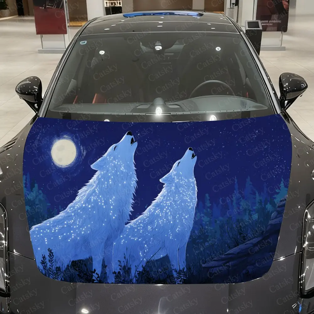 Starlight Twin Wolves Car Vinyl Wrap, PVC Waterproof Car Hood Sticker, Self-Adhesive Scratch-Resistant Stickers