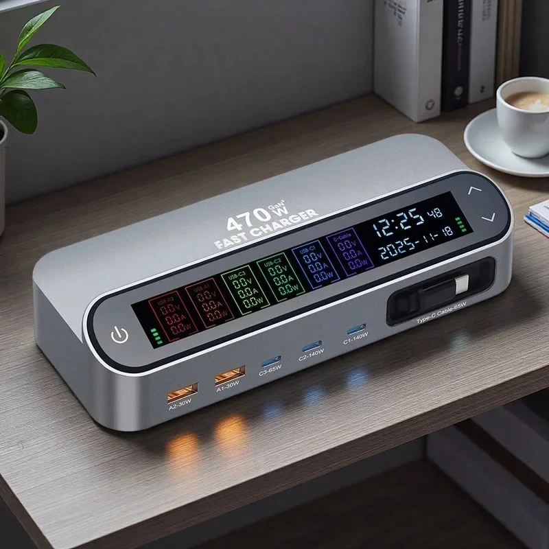 Multi Port Fast Charger 470W/405W with LCD Display 140W Type C Desktop Charging 65W Scalable Cable GAN Technology