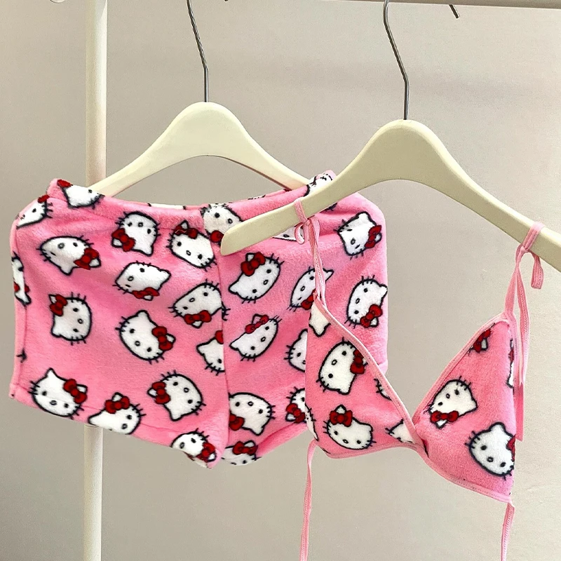 Conjunto de pijamas femininos de pelúcia hello kitty, 2 peças, regata curta e shorts, sexy, roupa de casa, pijama rosa, conjuntos de sutiã