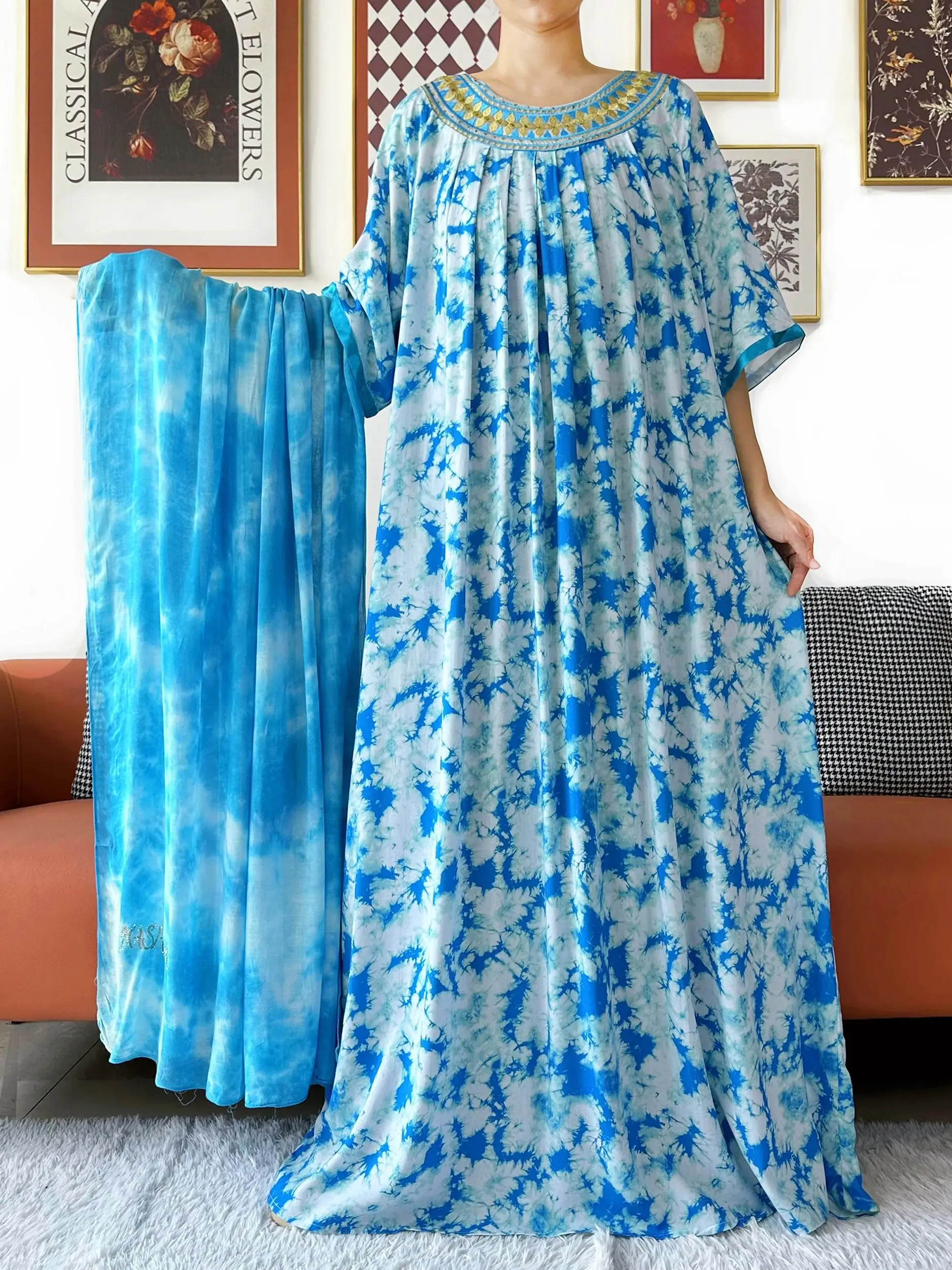 Kashkha أنيقة عباية فستان قصير الأكمام التعادل صبغ القطن المرأة فضفاض عباية بوهو فستان ماكسي فساتين راقية غير رسمية الأفريقية