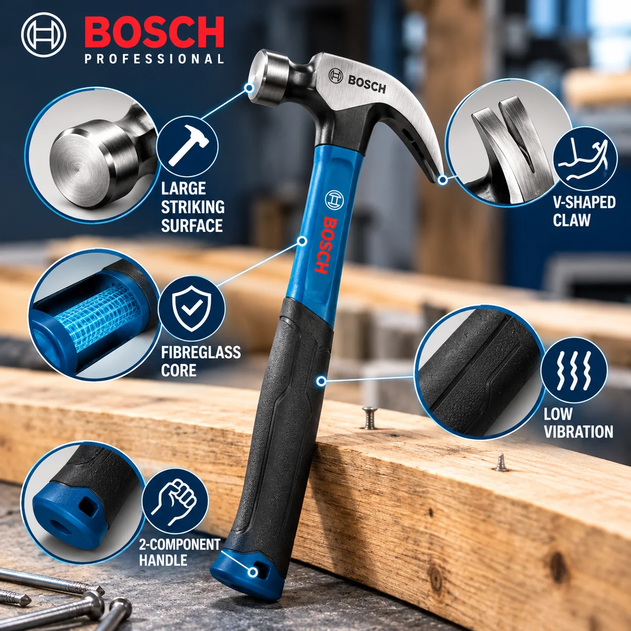 BOSCH Claw Hammer 12/16/20oz Carbon Steel Head Fiberglass Handle Shock Absorbing Nail Puller Hand Tool for Woodworking Repair