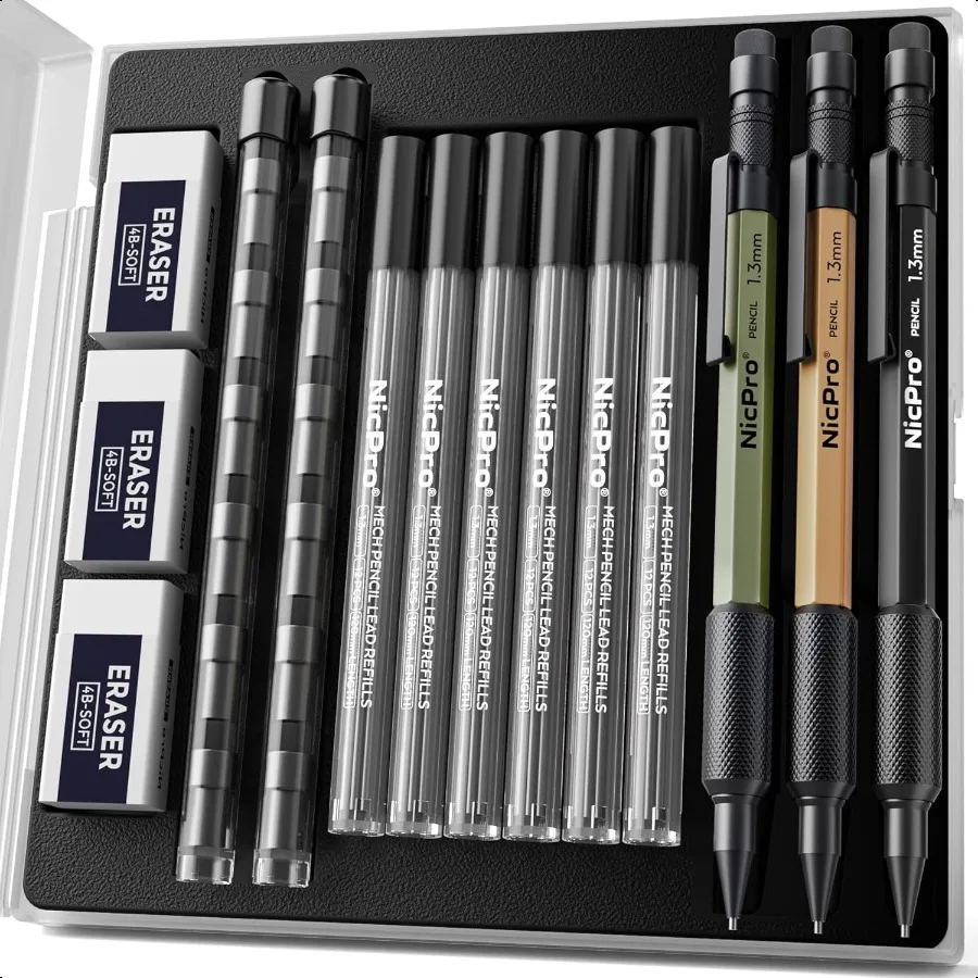 Ensemble de crayons mécaniques 3 pièces 1.m, 3 couleurs avec recharge de 36 plombs, 3 gommes en métal résistant aux intempéries MP2000, crayon de charpentier robuste pour