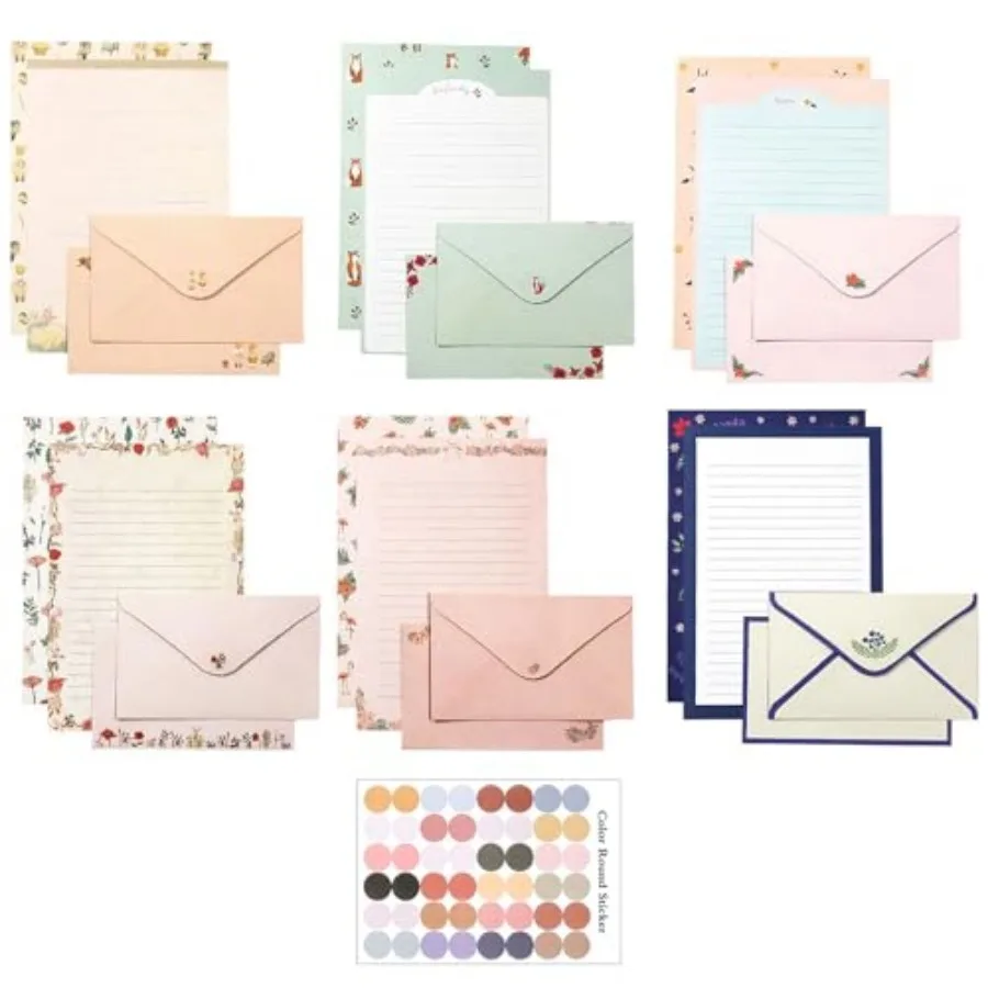 

55 Pcs Stationery Paper Envelopes Set Inudes 36 Lined Writing Stationery Paper and 18 Envelopes with 48 Colorful Round Dot Stic