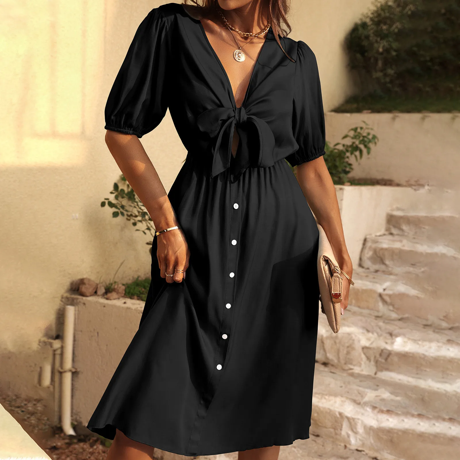 

Summer Dress Women's Solid Color Short Sleeve V Neck Solid Color Single Breasted Bow Collar Cotton A Line Causal Dress Vestidos
