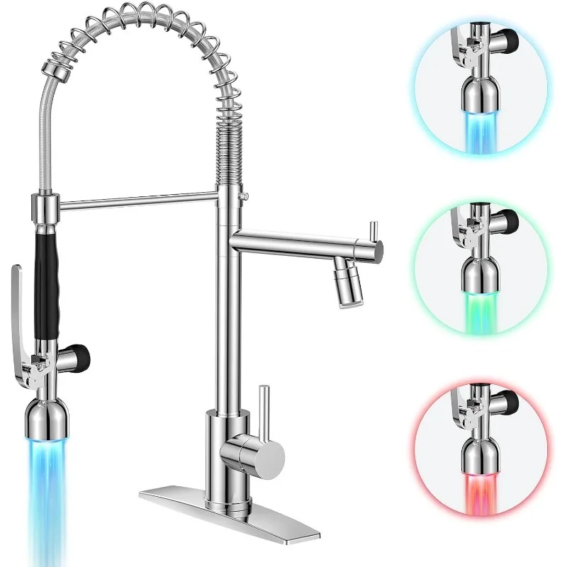 

LED Kitchen Faucets Commercial Chrome, High Pressure Classic Pull Down Sink Faucet with Led Light Sprayer