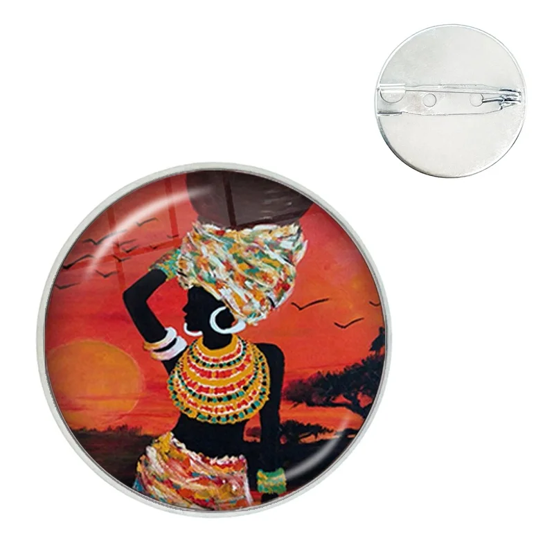 African Abstract Art Painting Afro Women Pin Glass Dome Brooches Shirt Lapel Bag Cartoon Badge Pins