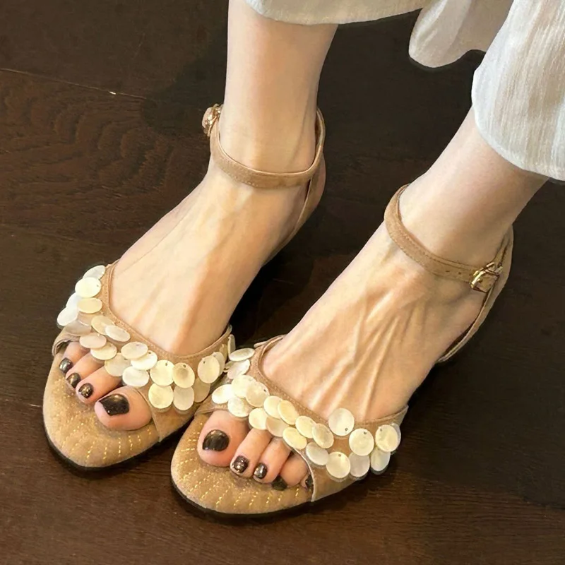 Aneikeh Roman Sandals Vintage Brown Suede Wooden Chip Fringe Open Toe Ankle Strap Block Heel Sandals Boho Sandalias Mujer