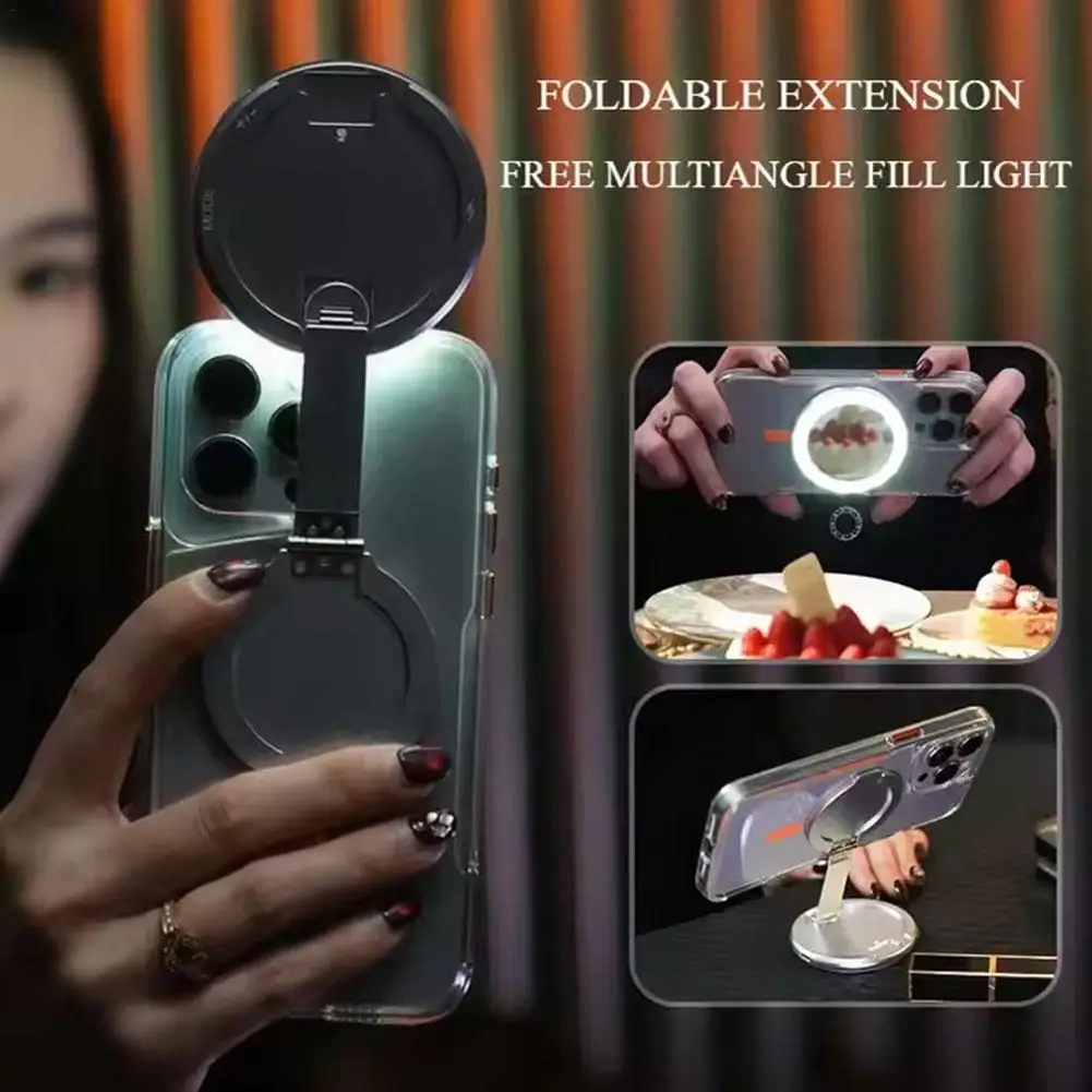 

4 In 1 Metal Magnetic Led Makeup Mirror Selfie Light Phone Holder For iPhone 16 15 Pro Max 14 For Magsafe Foldable Stand