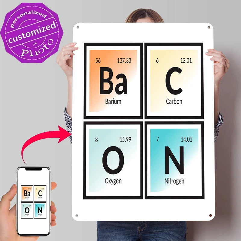 Periodic Table Elements Bacon Metal Poster Customized Wall Art Retro Vintage Metal Signs for Man Cave Mancave Decoration Room