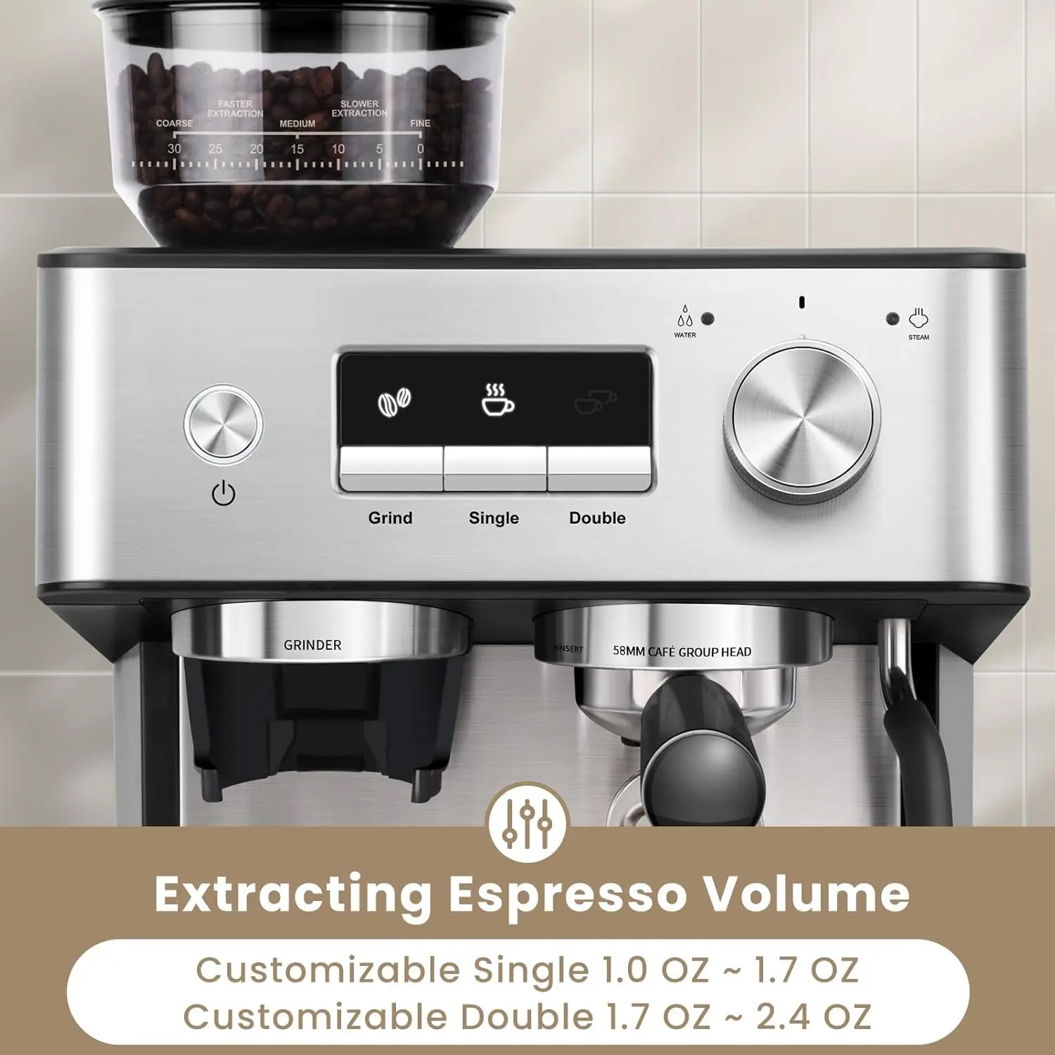 20 Bar Professional Espresso Machine with Grinder & Milk Frother, Removable Water Tank, Perfect for Home Coffee