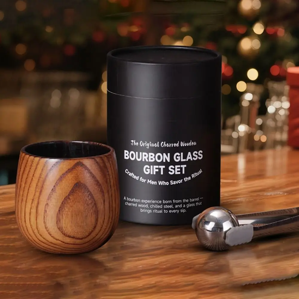Premium Handmade Whiskey Glass Set Hand Polishing Reusable Bourbon Glass Stainless Steel Ball Charred Wooden Cup Home Bar