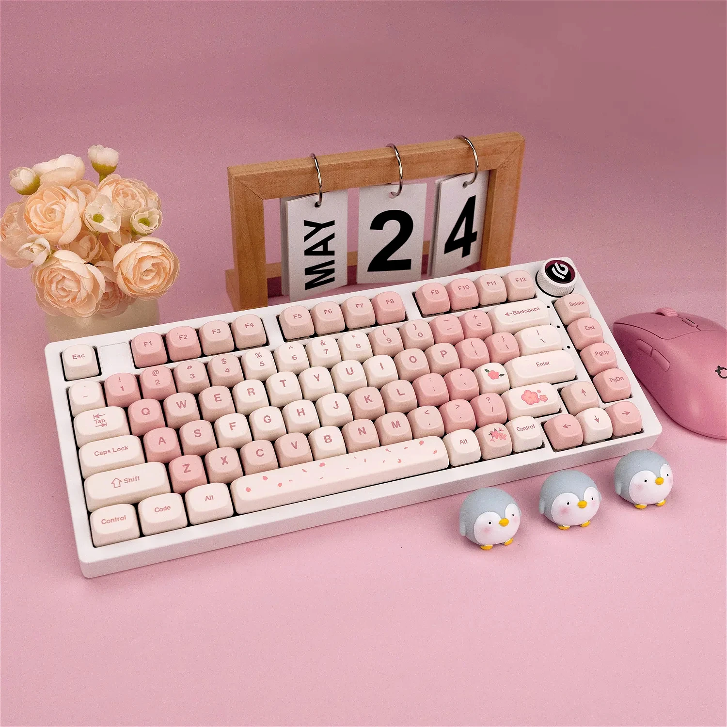 GEFENSI Sakura Pink MOA Keycaps PBT 142 Keys Cream Strawberry For 60/64/84/98/108 Gaming Mechanical Keyboard MX Switch