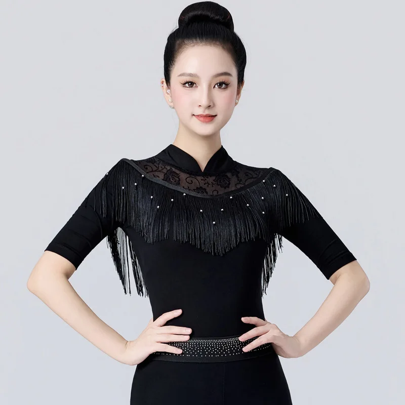 여성용 뉴 라틴 및 볼룸 댄스 탑 - 성인용 프리미엄 슬림핏 몸매를 돋보이게 하는 에티켓 모던 댄스 트레이닝 웨어