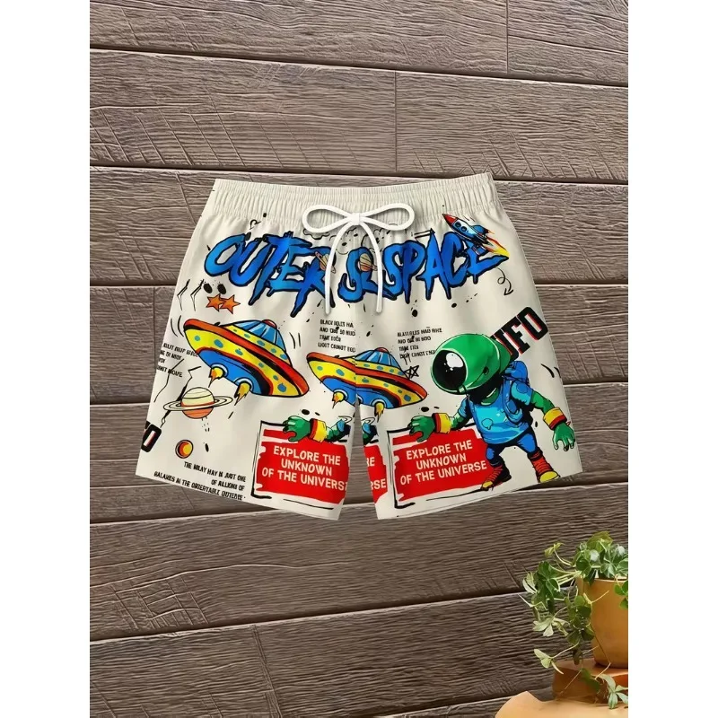 American Street Space Graffiti Shorts Men's Summer Trendy Brand UFO Alien Printed Pentagram Pants Loose Beach Pants