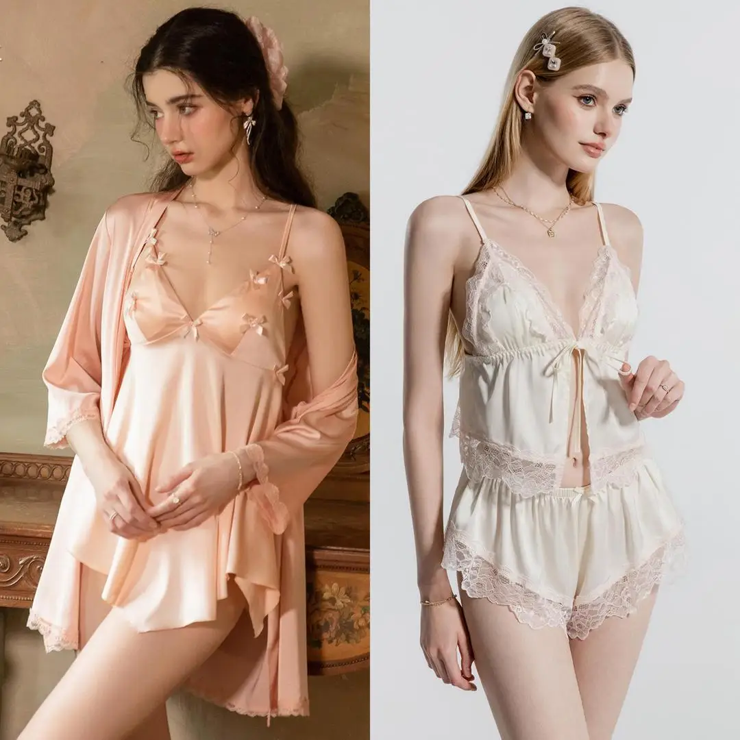 B New Sexy Solid Elegant Pajama Sets for Women Comfortable and Sexy V-Neck Lace Up Home Robe Nightgown 2/3pcs Set