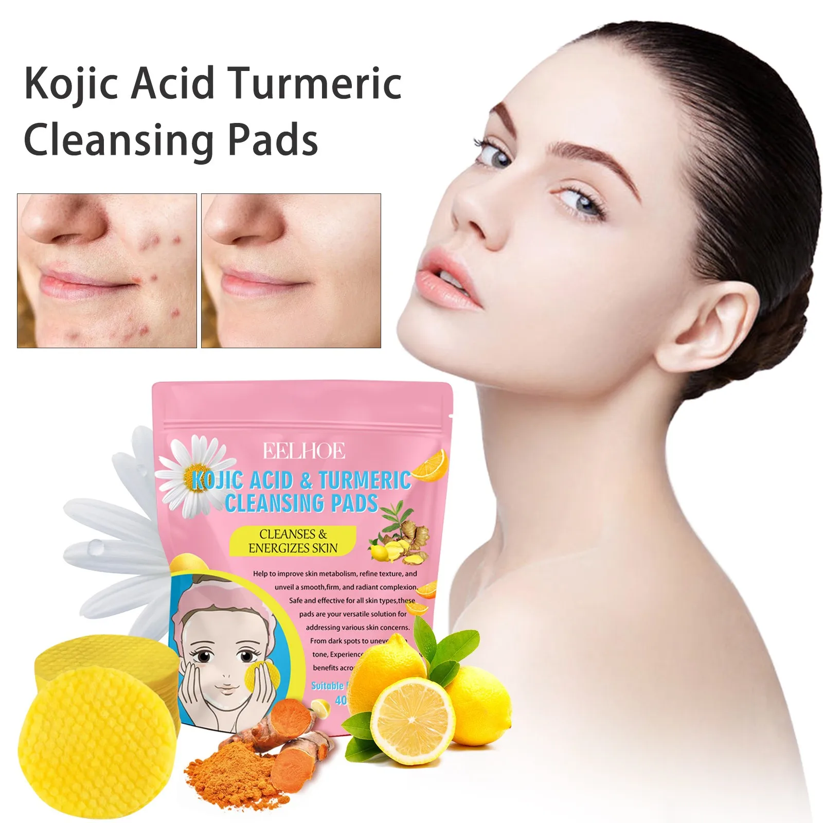 40Pcs Turmeric Kojic Acid Cleansing Pads Facial Sponges For Cleansing Exfoliating Pads Daily Cleaning Skin Care