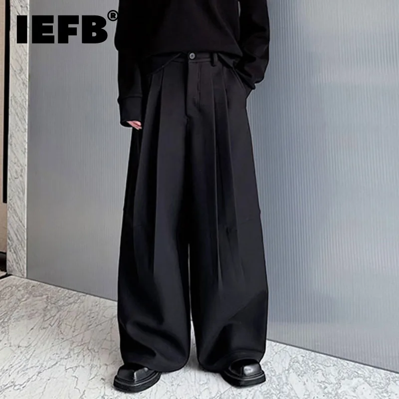 IEFB Solid Color Male Suit Pants Pleated Three-dimensional Thickened Loose Straight Wide Leg Casual Male Trousers Simple 9C8659