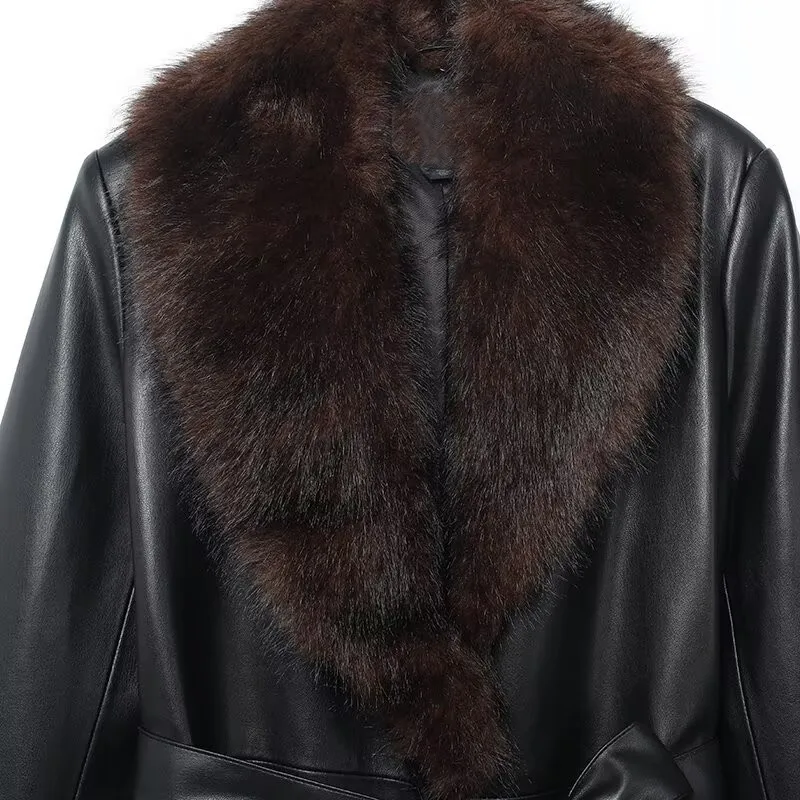 النمط الأوروبي والأمريكي 2025 شتاء نمط جديد تأثير الجلود الاصطناعية الفرنسية معطف سترة واقية بياقة قابلة للفصل