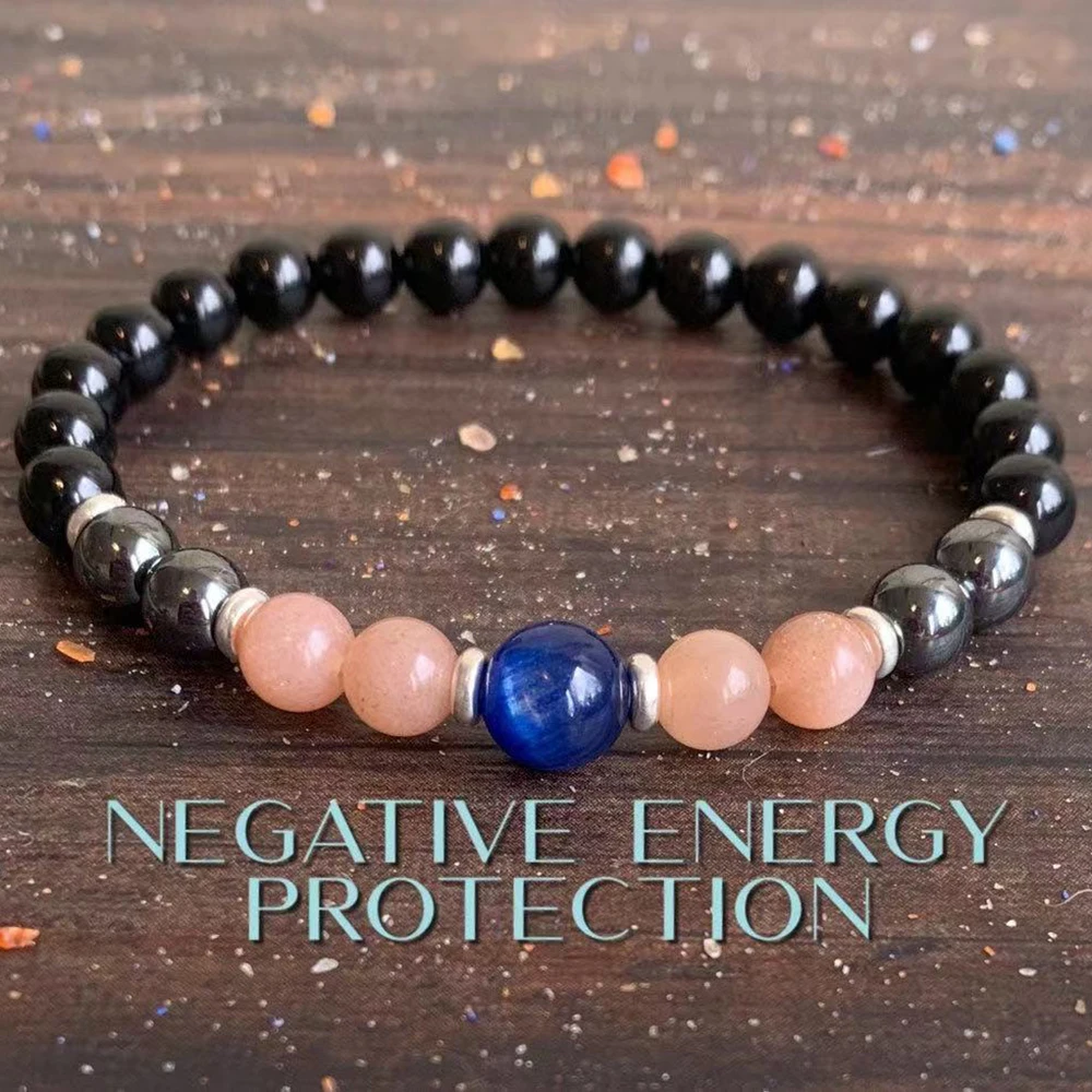 MG1846 8 MM AAA Grade Blue Kyanite Sunstone Black Tourmaline Bracelet Womens Negative Energy Protection Wrist Mala