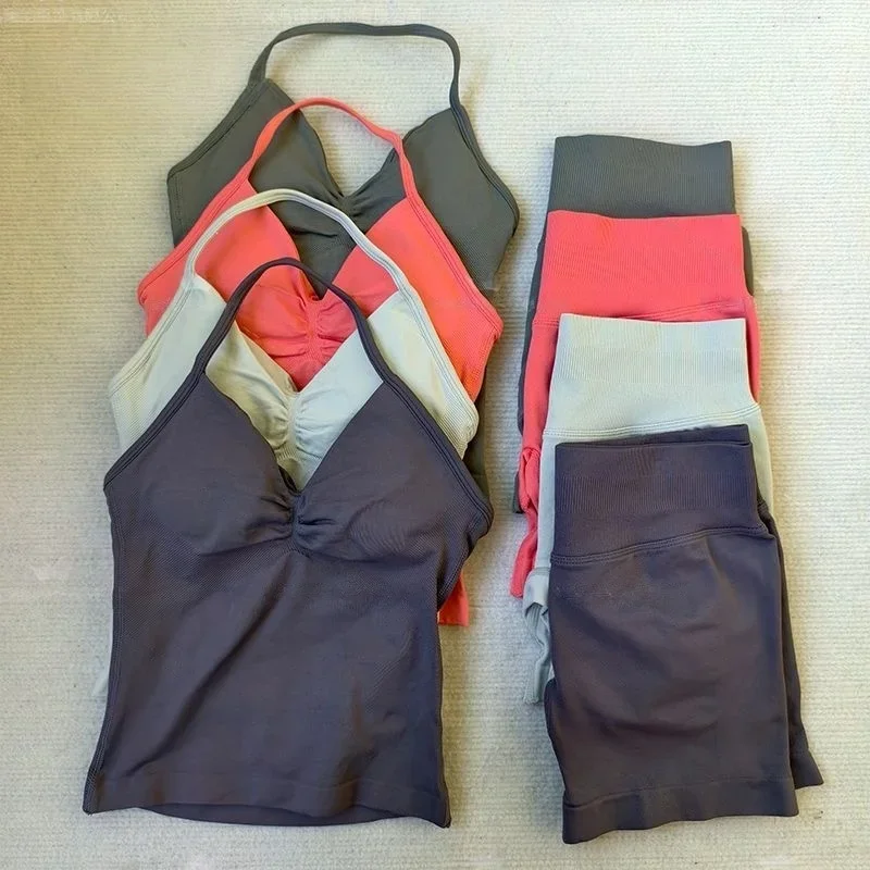 2Pcs Set Yoga Strappy Vest&Shorts Women Resistance Training Seamless Padded Halter Tank Top Scrunch Butt Lifting Gym Shorts Set