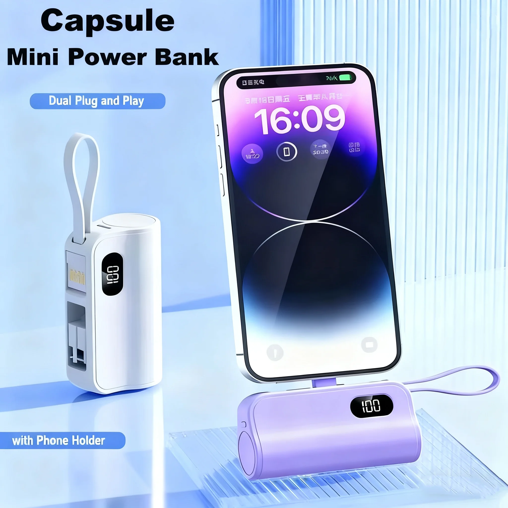 

Mini Capsule Power Bank Dual Plug Fast Charging Powerbank for iPhone 17 16 Samsung Xiaomi Portable Charger External Battery Pack