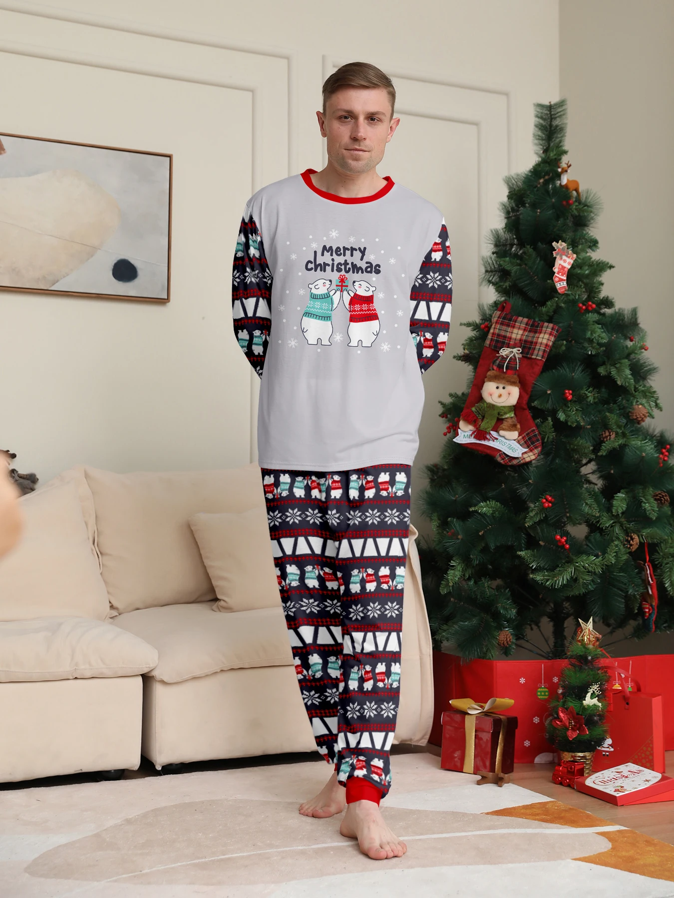 Pigiama natalizio a maniche lunghe per coppie, pigiama con stampa di orsi polari e Fair Isle