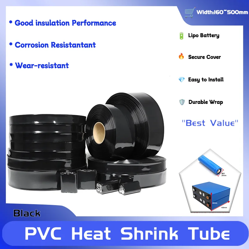 

2~10M Black Width 160~500mm PVC Heat Shrink Tube Lipo Battery Pack Cable Sleeve Lithium Insulated Film Wrap Case Protection