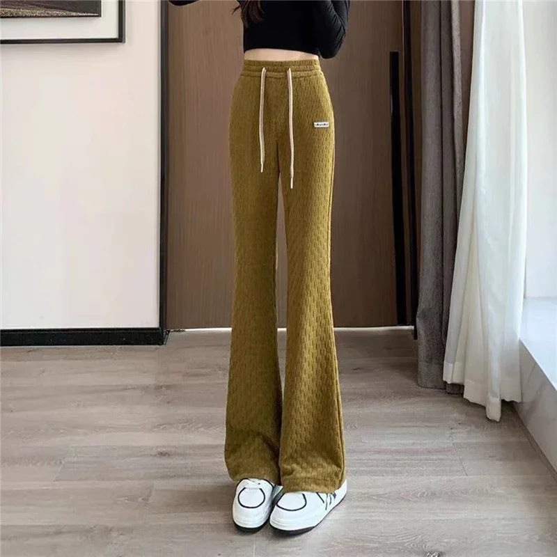 Winter Vintage Fashion Chessboard High Waist Slim Streetwear Straight Flare Pants Casual Solid Velvet Thick Warm Trousers LJ436