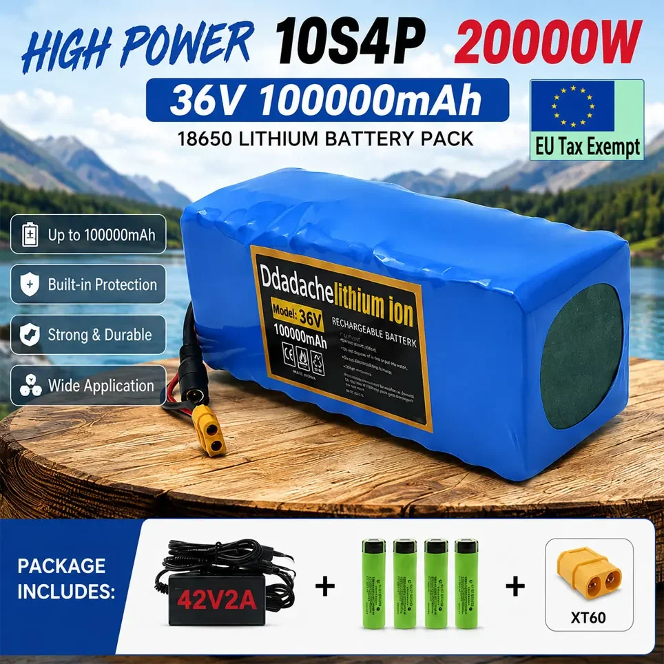 10S4P 36V 100Ah Lithium-Akku mit großer Kapazität, integriertem BMS, XT60-Anschluss und Ladegerät, Ersatzakku für E-Bike und Elektroroller.