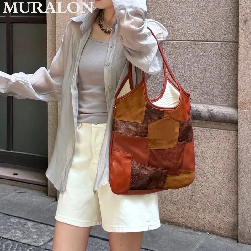 

Vintage Patchwork Tote Bag Large Capacity Simple All-match Shoulder Bag Fashion Casual Hobo Handbag Luxury Cowhide Underarm Bag