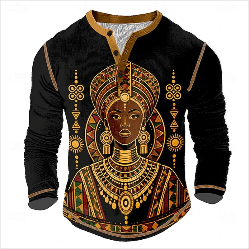 Men's Fall Casual Henley T-Shirt Long-Sleeve With African Tribal Queen Ethnic Print—Everyday Streetwear Casual Button-Down Top