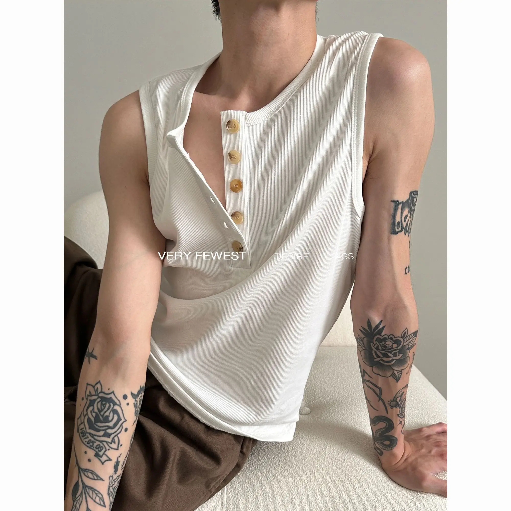 Button Neck Vest Summer Stacked Slim Fit Sleeveless T-shirt