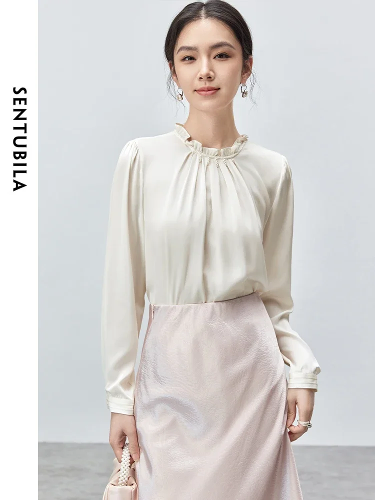 SENTUBILA Elegante weiße Bluse für Frauen 2025, Herbst, Frühling, Chiffon, Rüschen, lange Ärmel, Damenoberteile, Damenbekleidung 143 V55694