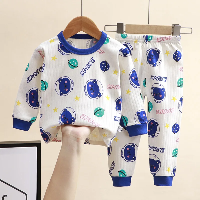 Pijamas de algodón puro para niños y niñas, camiseta de manga larga con dibujos animados, Top + Pantalones, conjuntos de ropa de dormir para