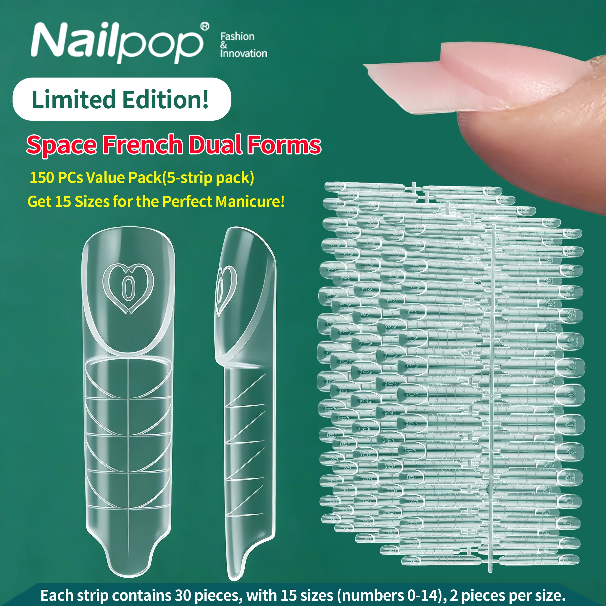 Nailpop Space French formas duales 15 tamaños transparente reutilizable extensión de uñas Gel de construcción punta francesa herramienta de manicura DIY salón de arte 150 Uds