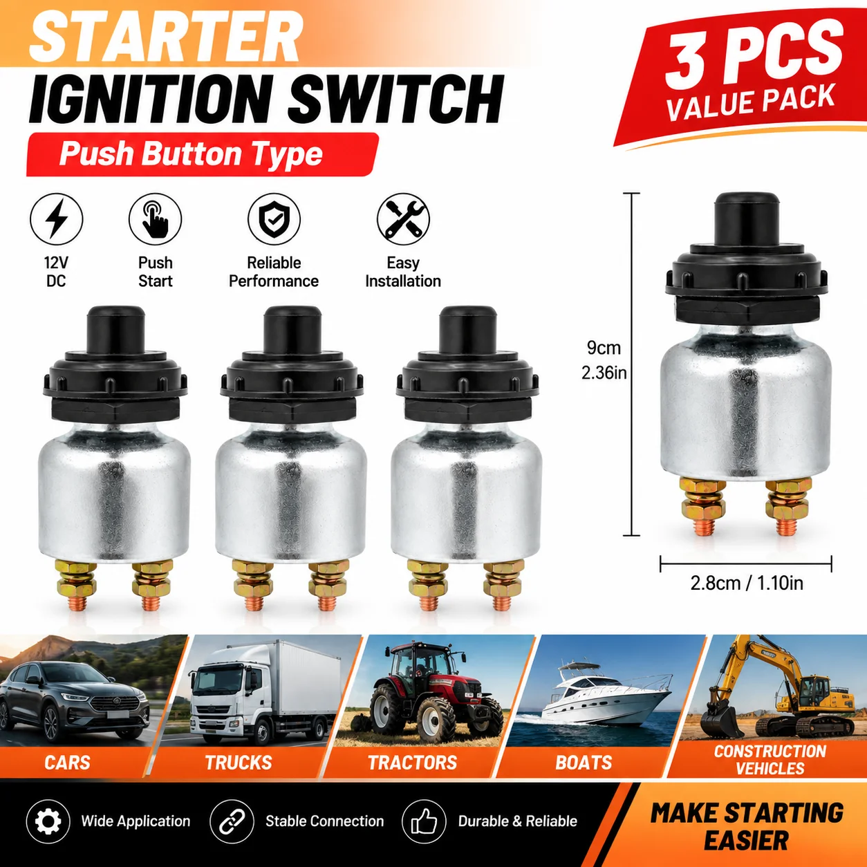 3PCS 12V Starter Push Button Switch Engine Start Ignition Switch for Car Truck Tractor Boat Motorcycle Replacement