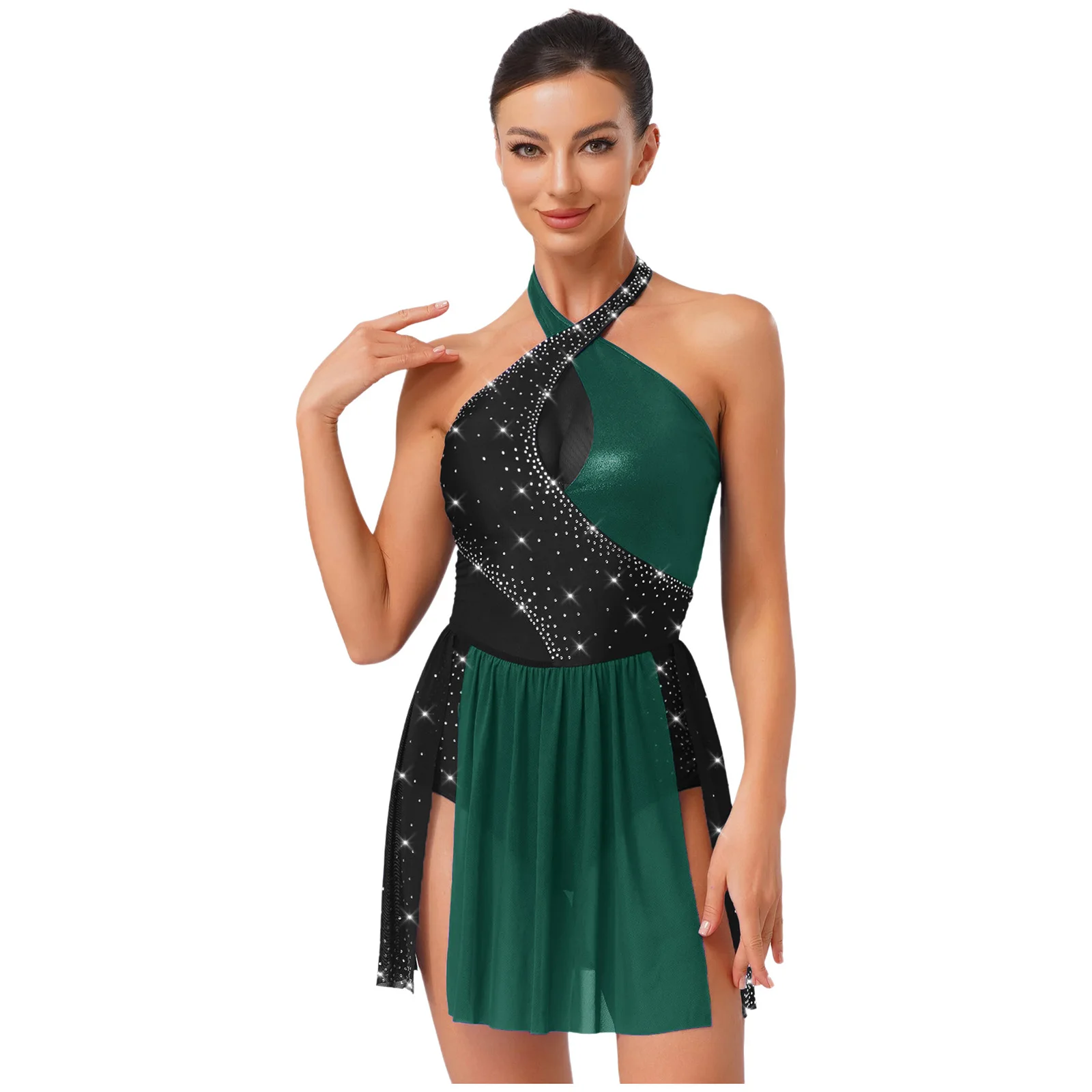 

Womens Lyrical Ballet Latin Dane Leotard Halter Rhinestone Irregular Hem Bodysuit Dress for Figure Skating Dance Performance